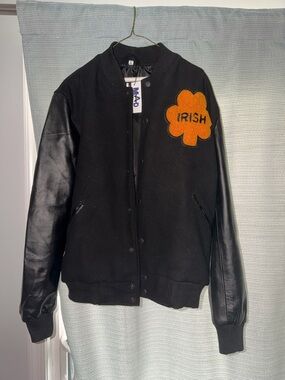NOTRE DAME Wool & Leather Varsity Jacket with Orange 'Irish' Shamrock Patch